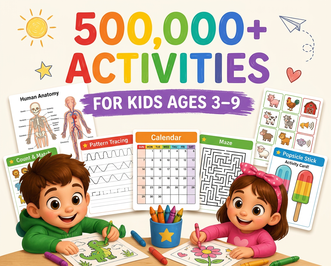 Printables for Kids Mega Bundle — 10,000+ activities: alphabet tracing, math, mazes, color-by-number and daily routines